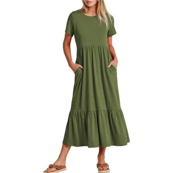 wedding dress alterations palm beach gardens Women's Round Neck Smocked Short Sleeve Casual Dress Swing Flowy Ruffl   Trendy ShopLand